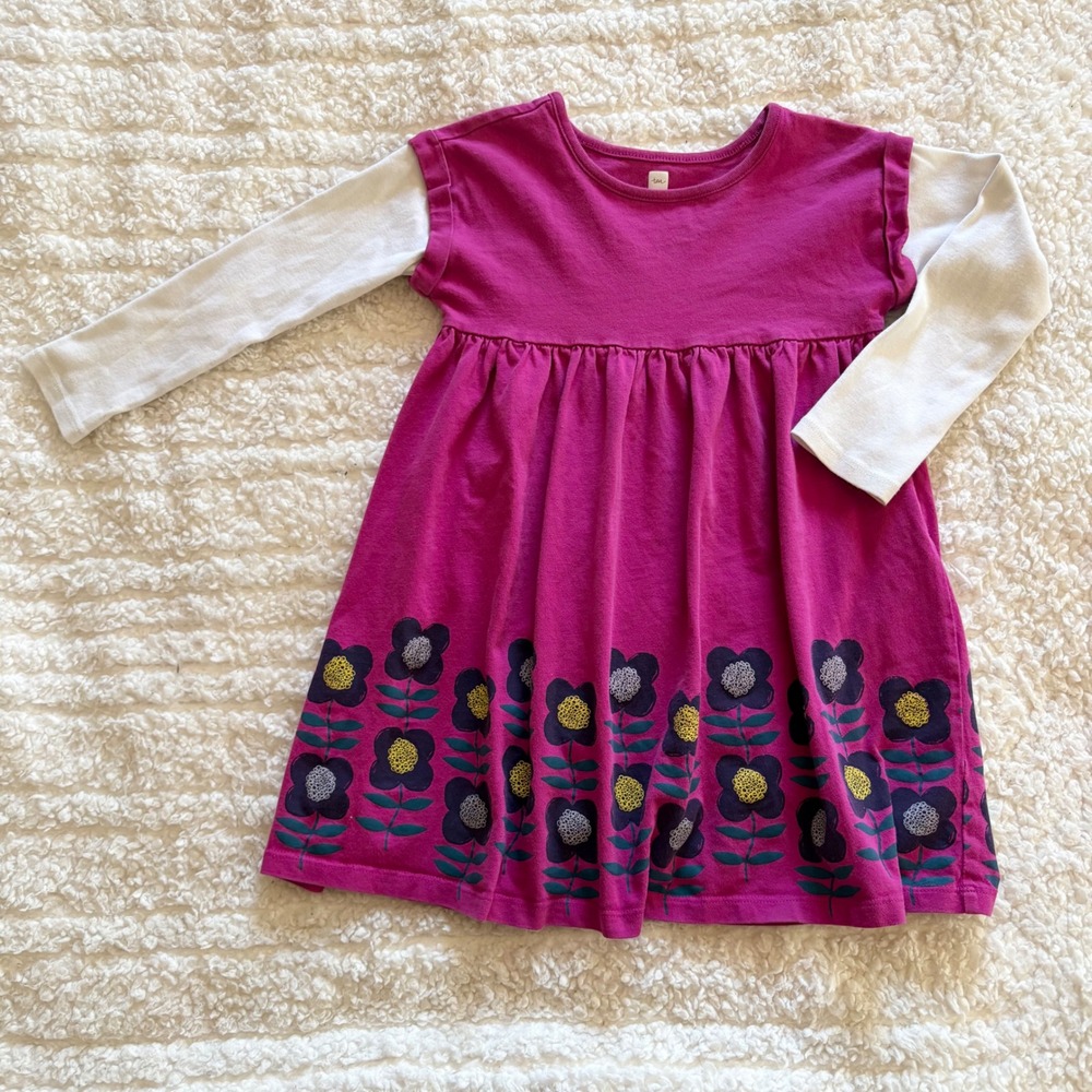 Tea Collection Girls Magenta Pink Floral Layered Long Sleeve Cotton Dress Size 5